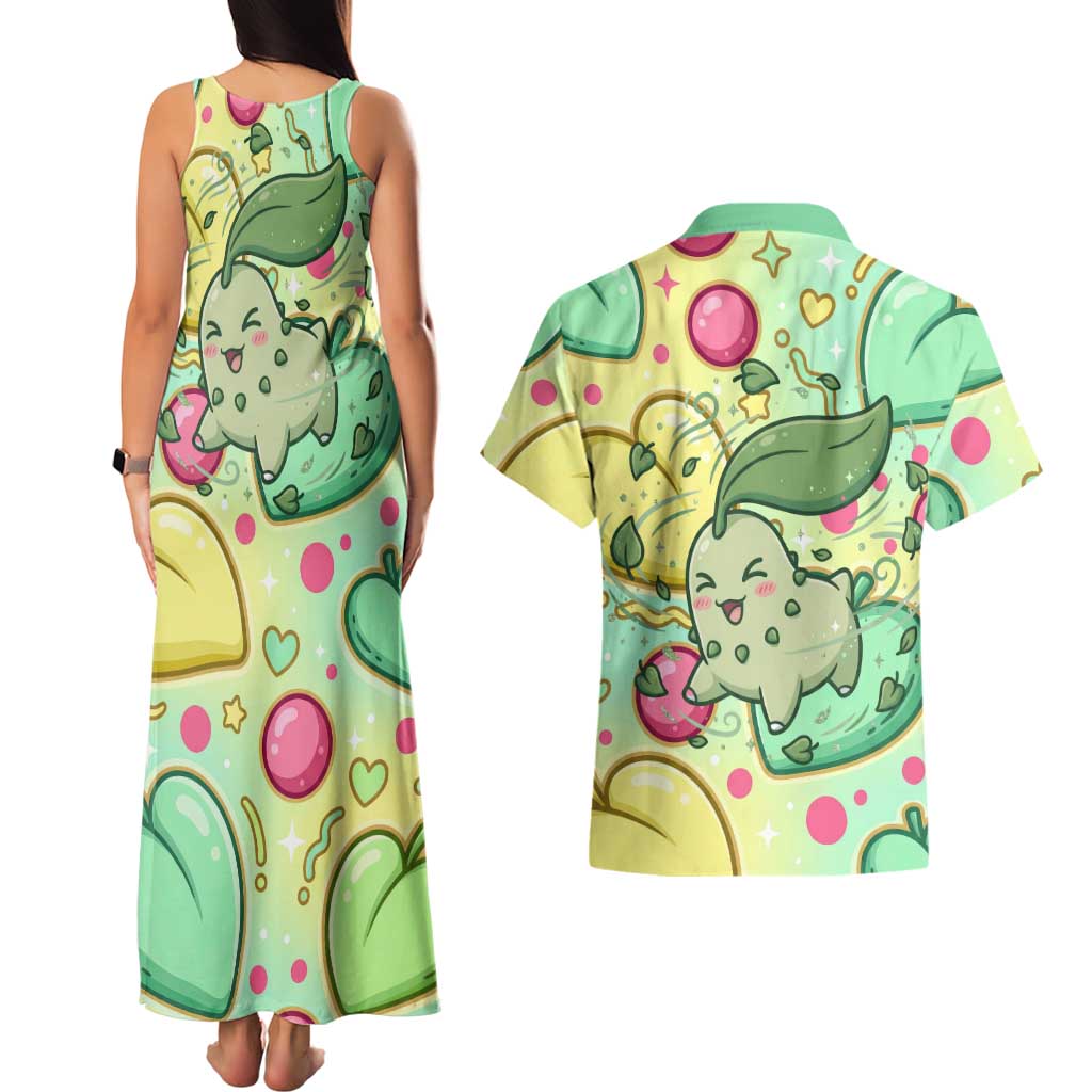 Chikorita Couples Matching Tank Maxi Dress and Hawaiian Shirt Vibrant Pastel Leaf Pop Art