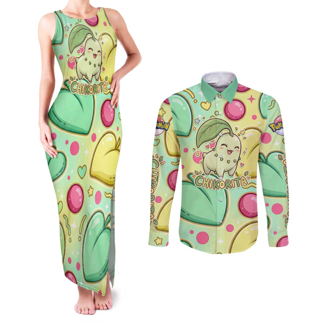 Chikorita Couples Matching Tank Maxi Dress and Long Sleeve Button Shirt Vibrant Pastel Leaf Pop Art