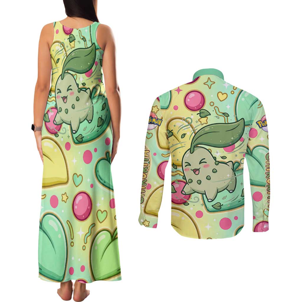 Chikorita Couples Matching Tank Maxi Dress and Long Sleeve Button Shirt Vibrant Pastel Leaf Pop Art