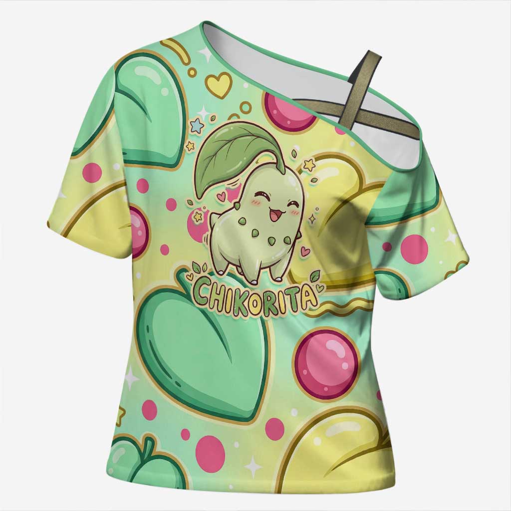 Chikorita Cross Shoulder Shirt Vibrant Pastel Leaf Pop Art