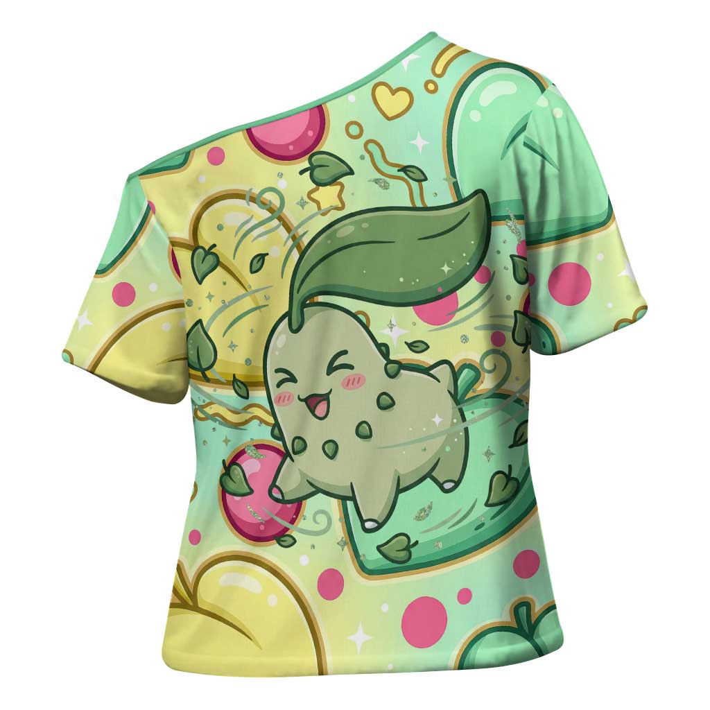 Chikorita Cross Shoulder Shirt Vibrant Pastel Leaf Pop Art