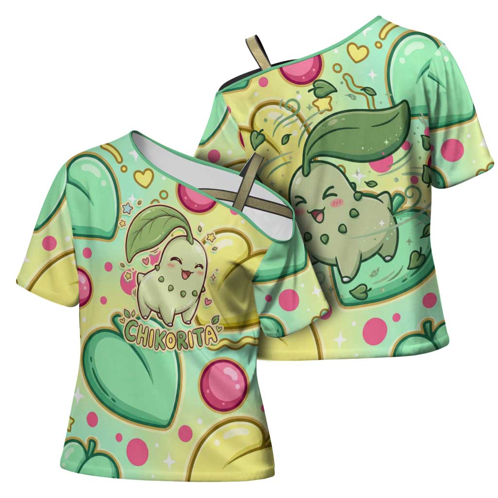 Chikorita Cross Shoulder Shirt Vibrant Pastel Leaf Pop Art