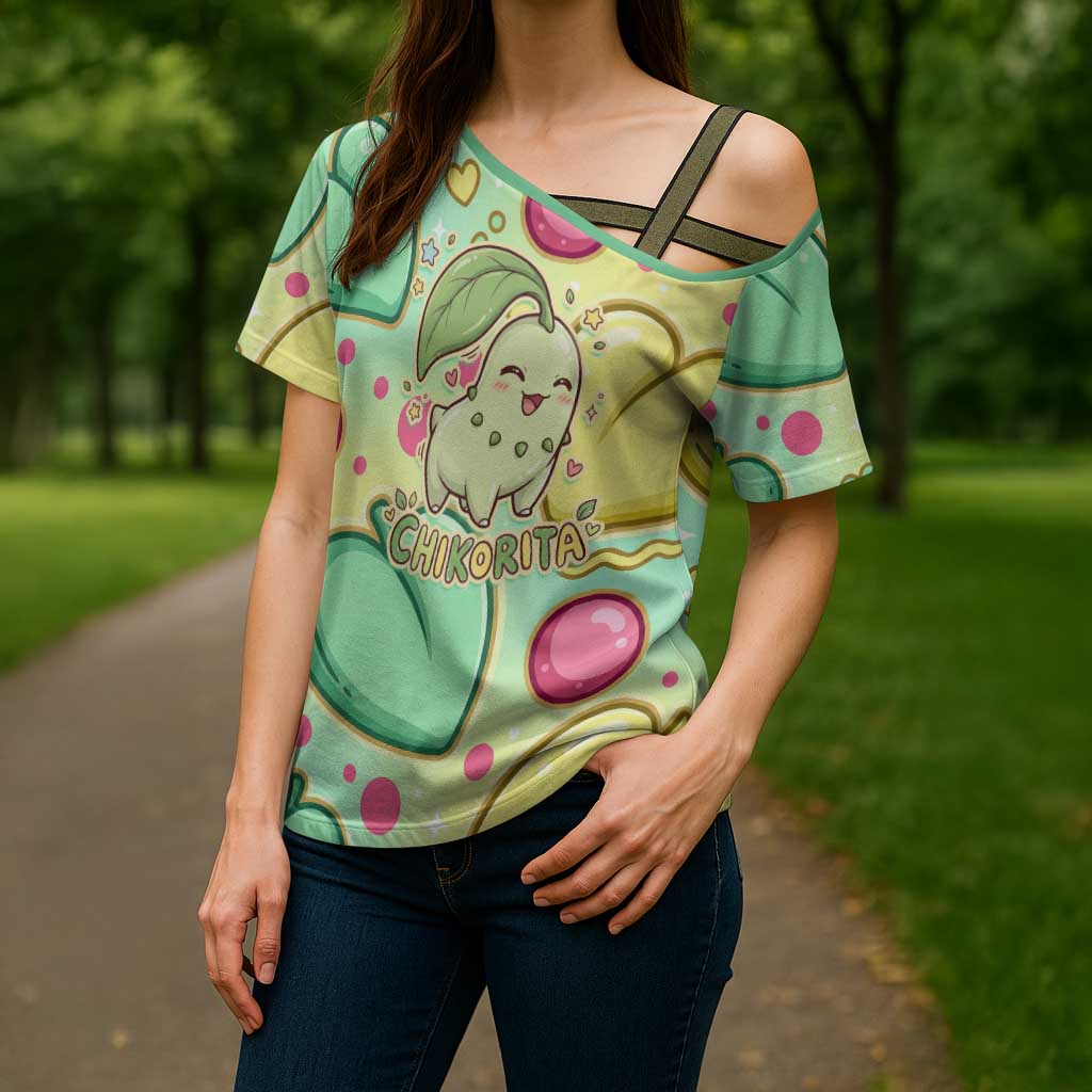 Chikorita Cross Shoulder Shirt Vibrant Pastel Leaf Pop Art