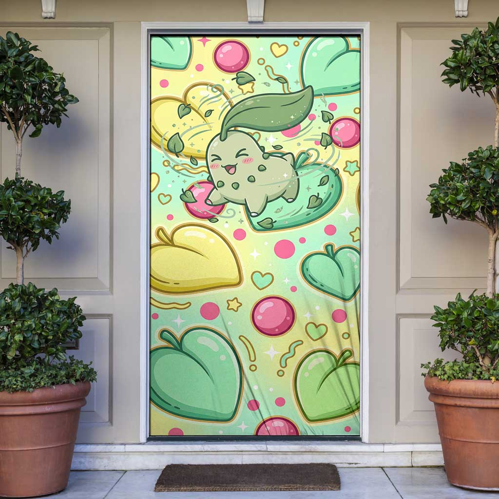 Chikorita Door Cover Vibrant Pastel Leaf Pop Art