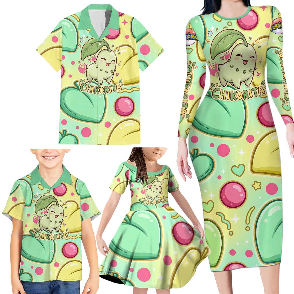 Chikorita Family Matching Long Sleeve Bodycon Dress and Hawaiian Shirt Vibrant Pastel Leaf Pop Art