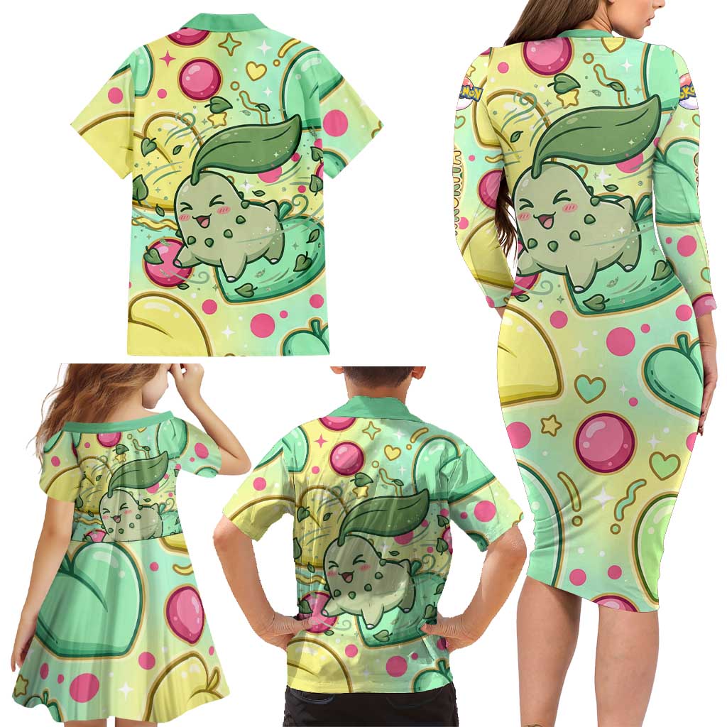 Chikorita Family Matching Long Sleeve Bodycon Dress and Hawaiian Shirt Vibrant Pastel Leaf Pop Art