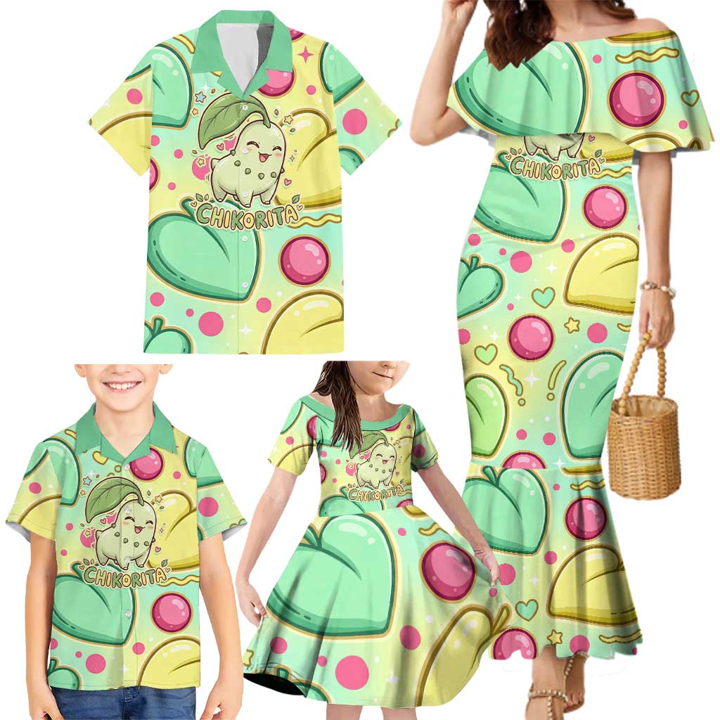 Chikorita Family Matching Mermaid Dress and Hawaiian Shirt Vibrant Pastel Leaf Pop Art