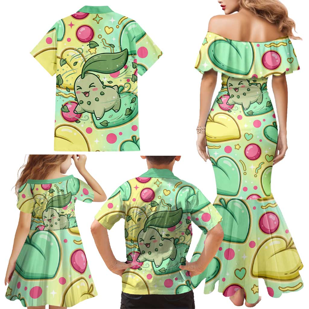 Chikorita Family Matching Mermaid Dress and Hawaiian Shirt Vibrant Pastel Leaf Pop Art