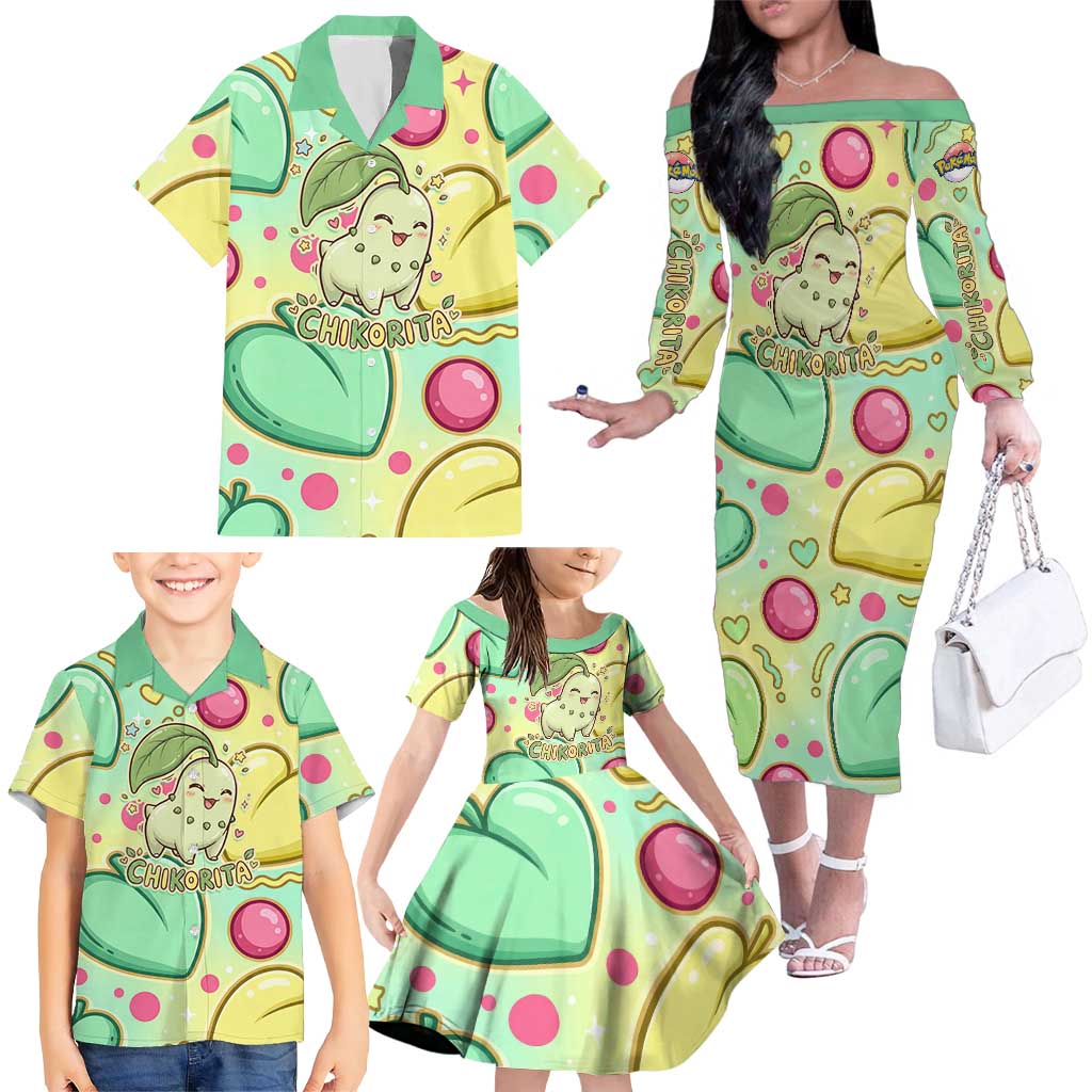 Chikorita Family Matching Off The Shoulder Long Sleeve Dress and Hawaiian Shirt Vibrant Pastel Leaf Pop Art