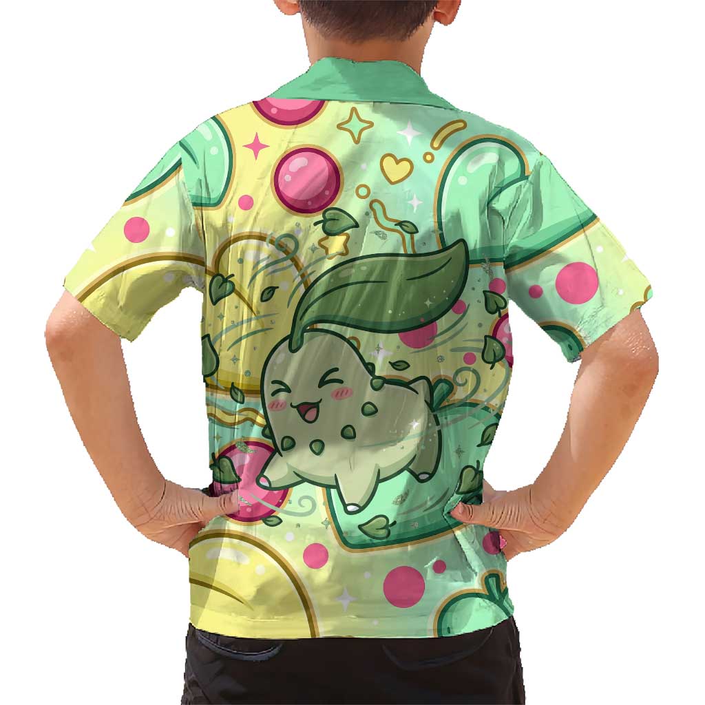 Chikorita Family Matching Off The Shoulder Long Sleeve Dress and Hawaiian Shirt Vibrant Pastel Leaf Pop Art
