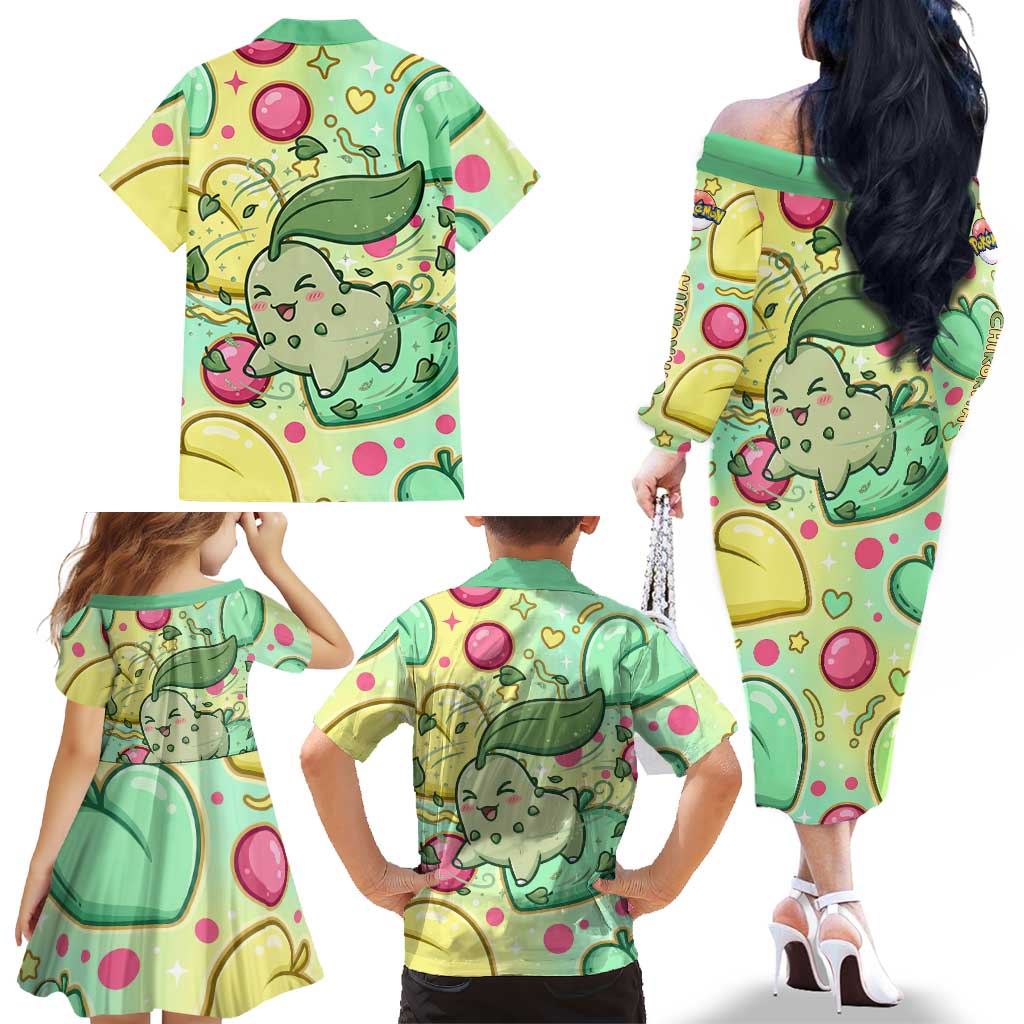 Chikorita Family Matching Off The Shoulder Long Sleeve Dress and Hawaiian Shirt Vibrant Pastel Leaf Pop Art