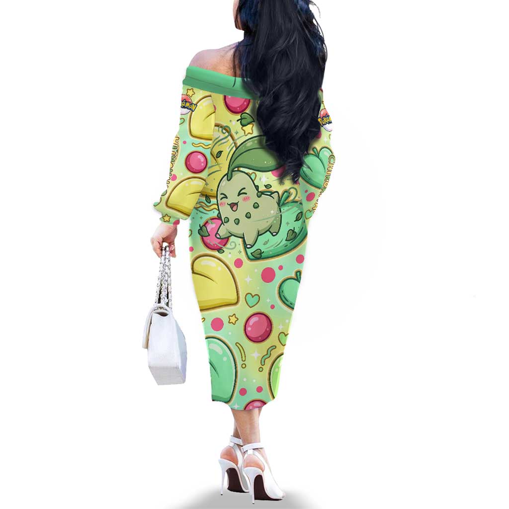 Chikorita Family Matching Off The Shoulder Long Sleeve Dress and Hawaiian Shirt Vibrant Pastel Leaf Pop Art