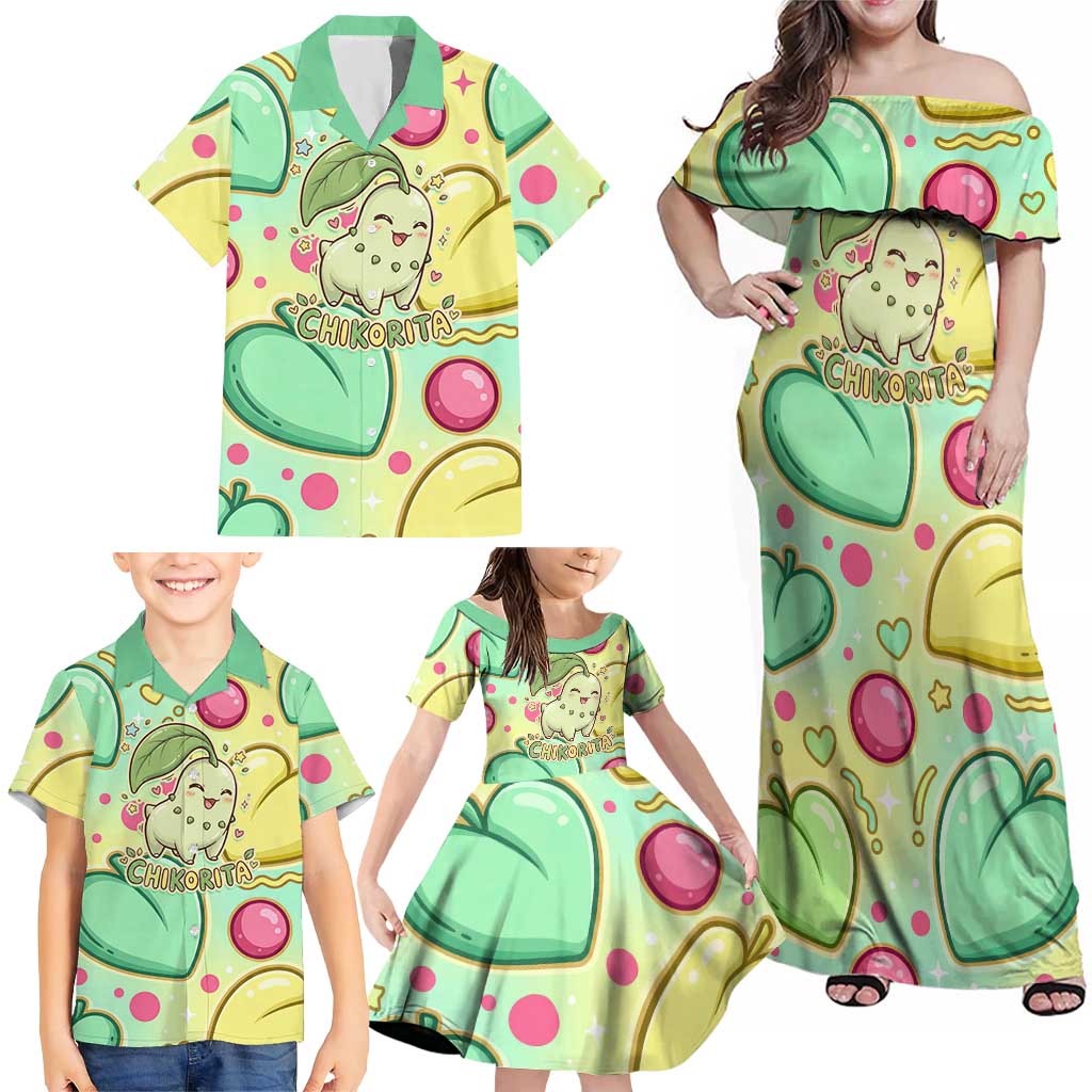 Chikorita Family Matching Off Shoulder Maxi Dress and Hawaiian Shirt Vibrant Pastel Leaf Pop Art
