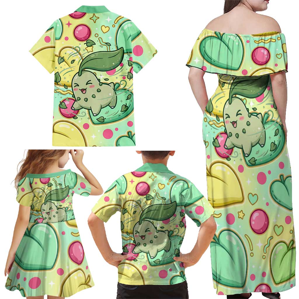 Chikorita Family Matching Off Shoulder Maxi Dress and Hawaiian Shirt Vibrant Pastel Leaf Pop Art