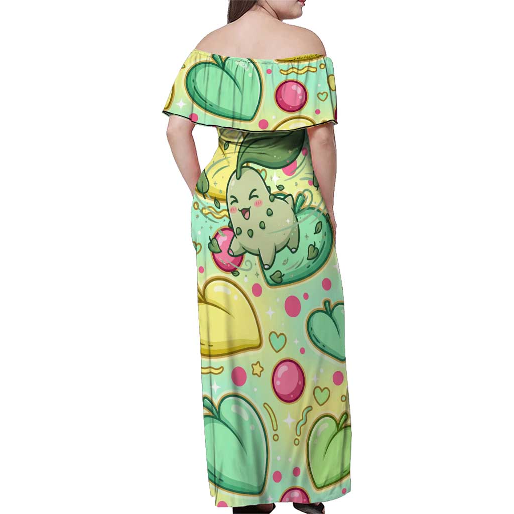 Chikorita Family Matching Off Shoulder Maxi Dress and Hawaiian Shirt Vibrant Pastel Leaf Pop Art