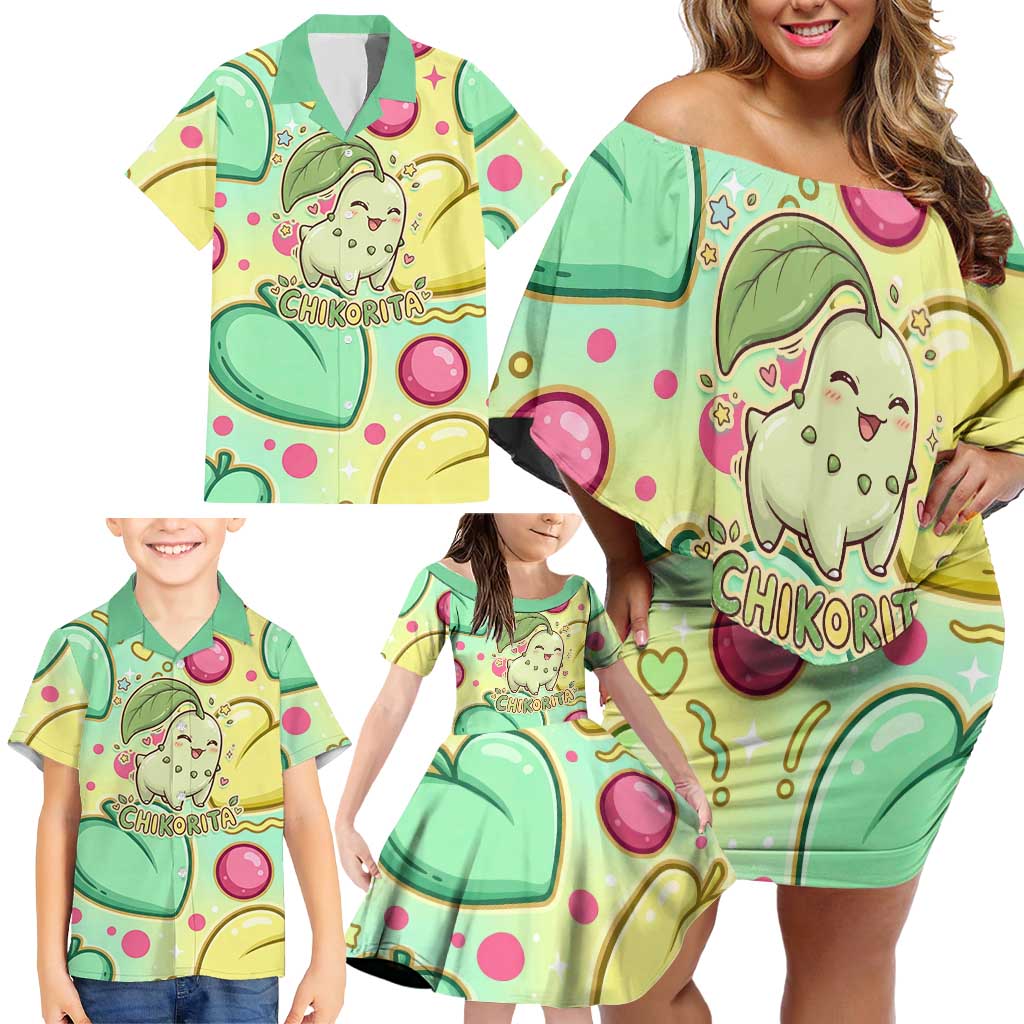 Chikorita Family Matching Off Shoulder Short Dress and Hawaiian Shirt Vibrant Pastel Leaf Pop Art