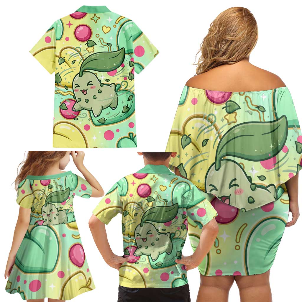 Chikorita Family Matching Off Shoulder Short Dress and Hawaiian Shirt Vibrant Pastel Leaf Pop Art