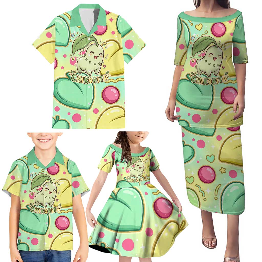 Chikorita Family Matching Puletasi and Hawaiian Shirt Vibrant Pastel Leaf Pop Art