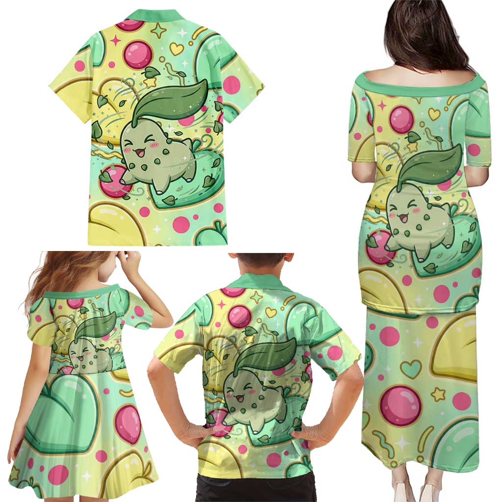 Chikorita Family Matching Puletasi and Hawaiian Shirt Vibrant Pastel Leaf Pop Art