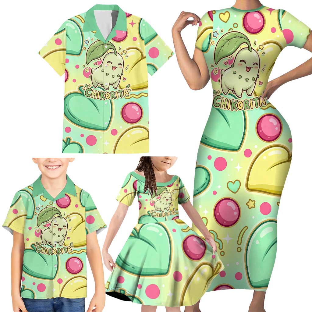 Chikorita Family Matching Short Sleeve Bodycon Dress and Hawaiian Shirt Vibrant Pastel Leaf Pop Art
