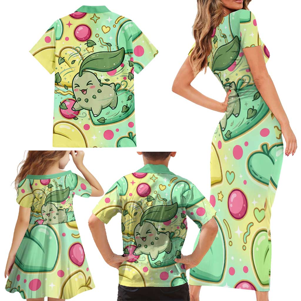 Chikorita Family Matching Short Sleeve Bodycon Dress and Hawaiian Shirt Vibrant Pastel Leaf Pop Art