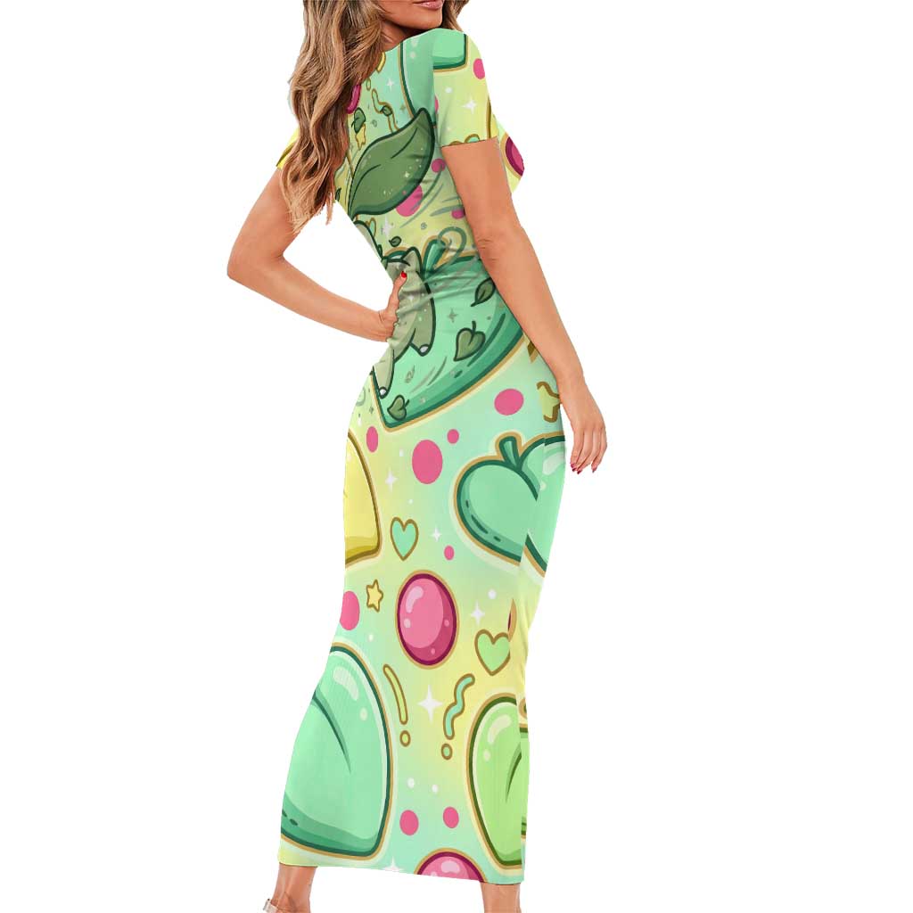 Chikorita Family Matching Short Sleeve Bodycon Dress and Hawaiian Shirt Vibrant Pastel Leaf Pop Art