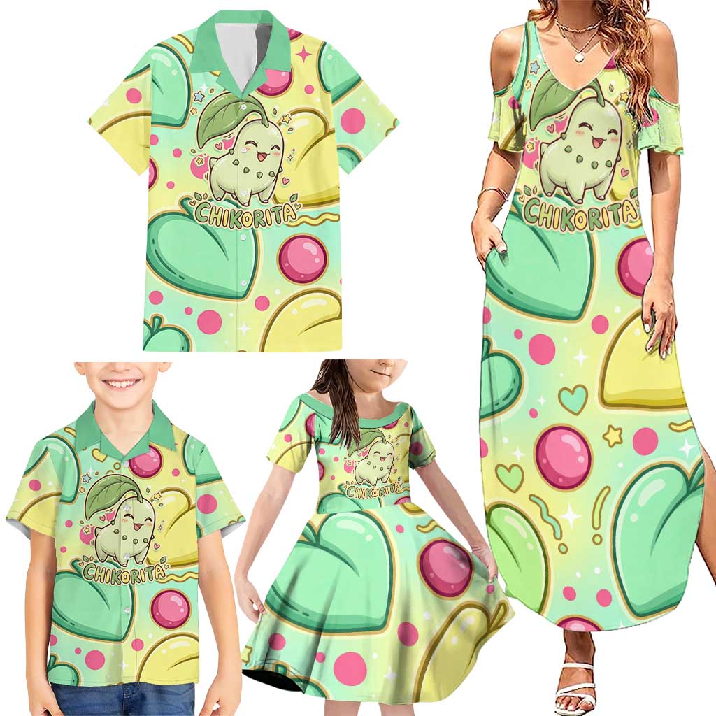 Chikorita Family Matching Summer Maxi Dress and Hawaiian Shirt Vibrant Pastel Leaf Pop Art
