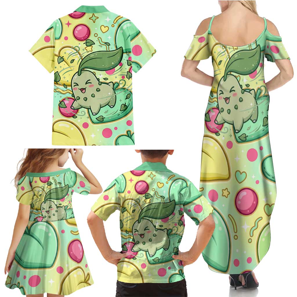 Chikorita Family Matching Summer Maxi Dress and Hawaiian Shirt Vibrant Pastel Leaf Pop Art