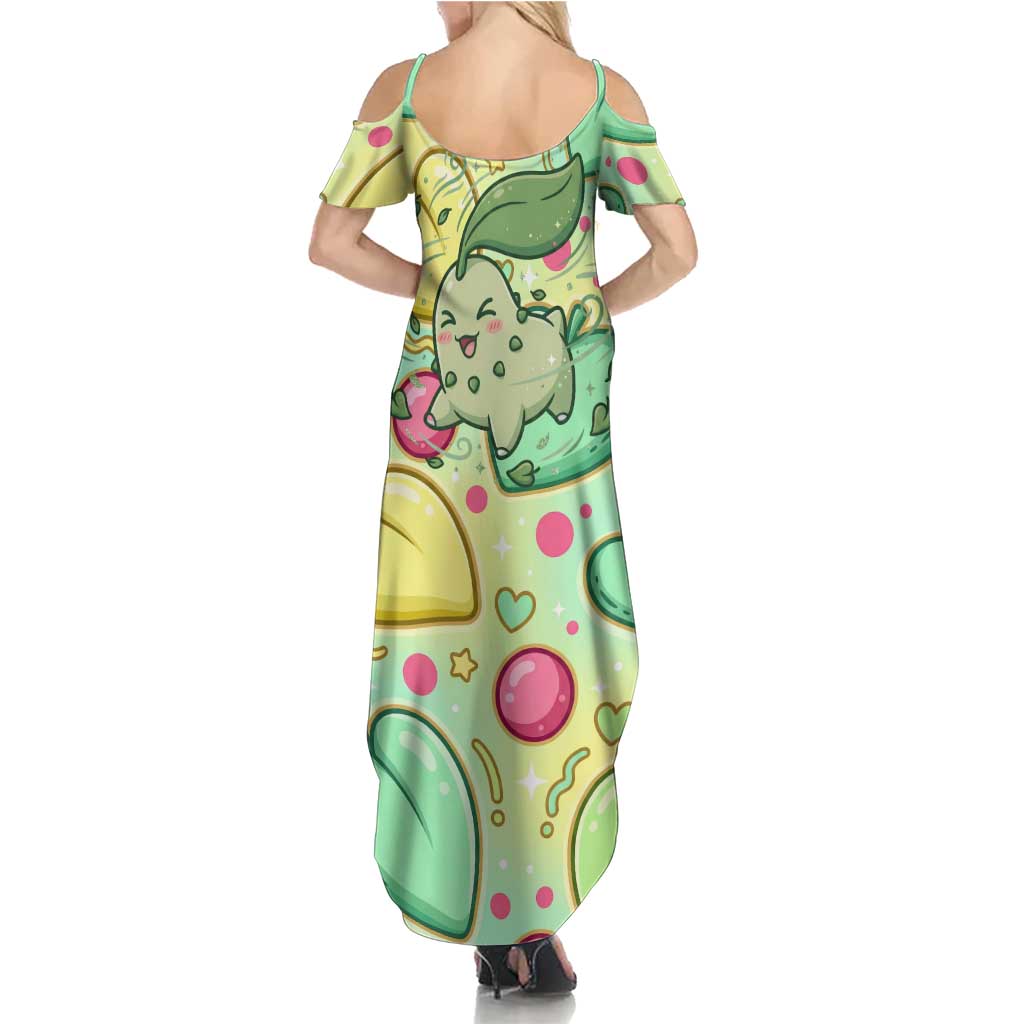 Chikorita Family Matching Summer Maxi Dress and Hawaiian Shirt Vibrant Pastel Leaf Pop Art