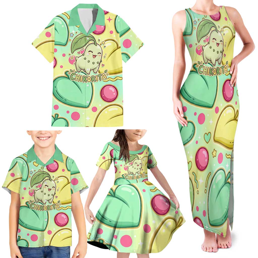 Chikorita Family Matching Tank Maxi Dress and Hawaiian Shirt Vibrant Pastel Leaf Pop Art
