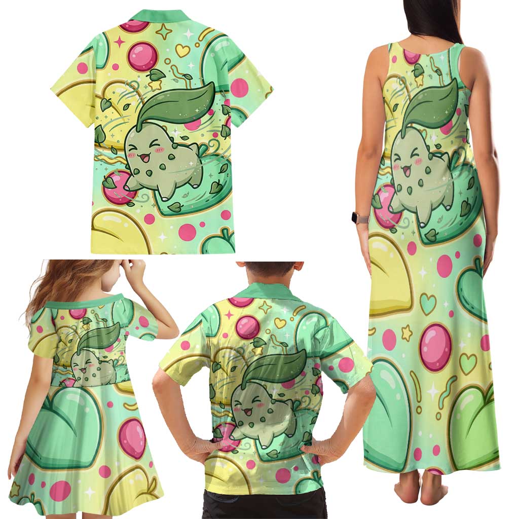 Chikorita Family Matching Tank Maxi Dress and Hawaiian Shirt Vibrant Pastel Leaf Pop Art