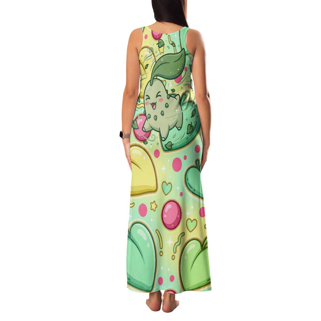 Chikorita Family Matching Tank Maxi Dress and Hawaiian Shirt Vibrant Pastel Leaf Pop Art