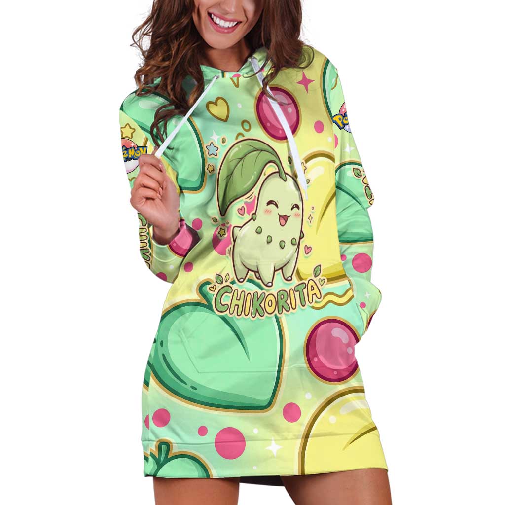 Chikorita Hoodie Dress Vibrant Pastel Leaf Pop Art