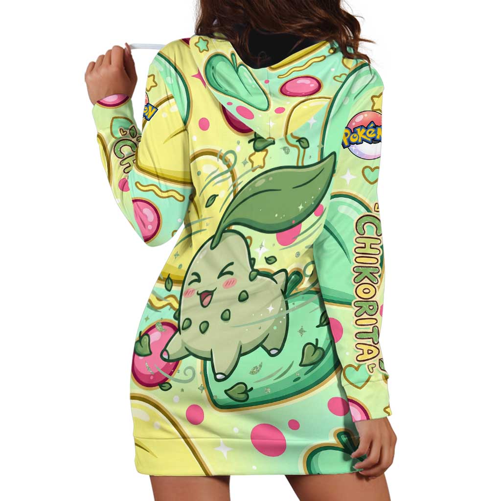 Chikorita Hoodie Dress Vibrant Pastel Leaf Pop Art