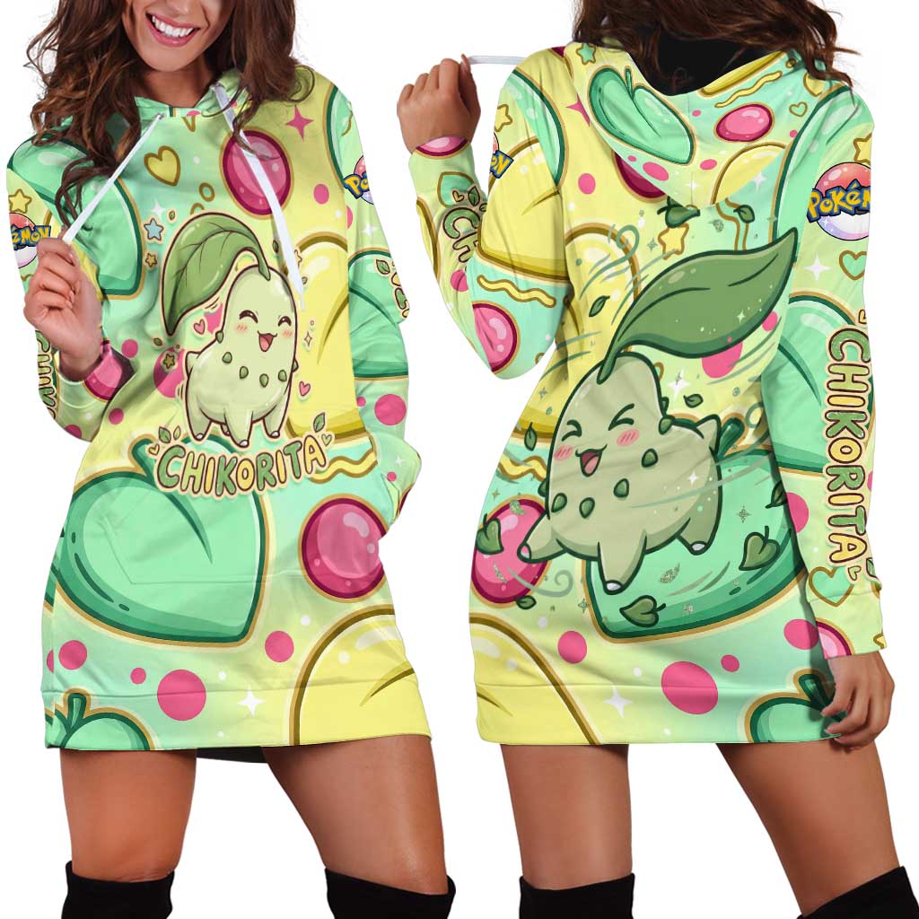 Chikorita Hoodie Dress Vibrant Pastel Leaf Pop Art