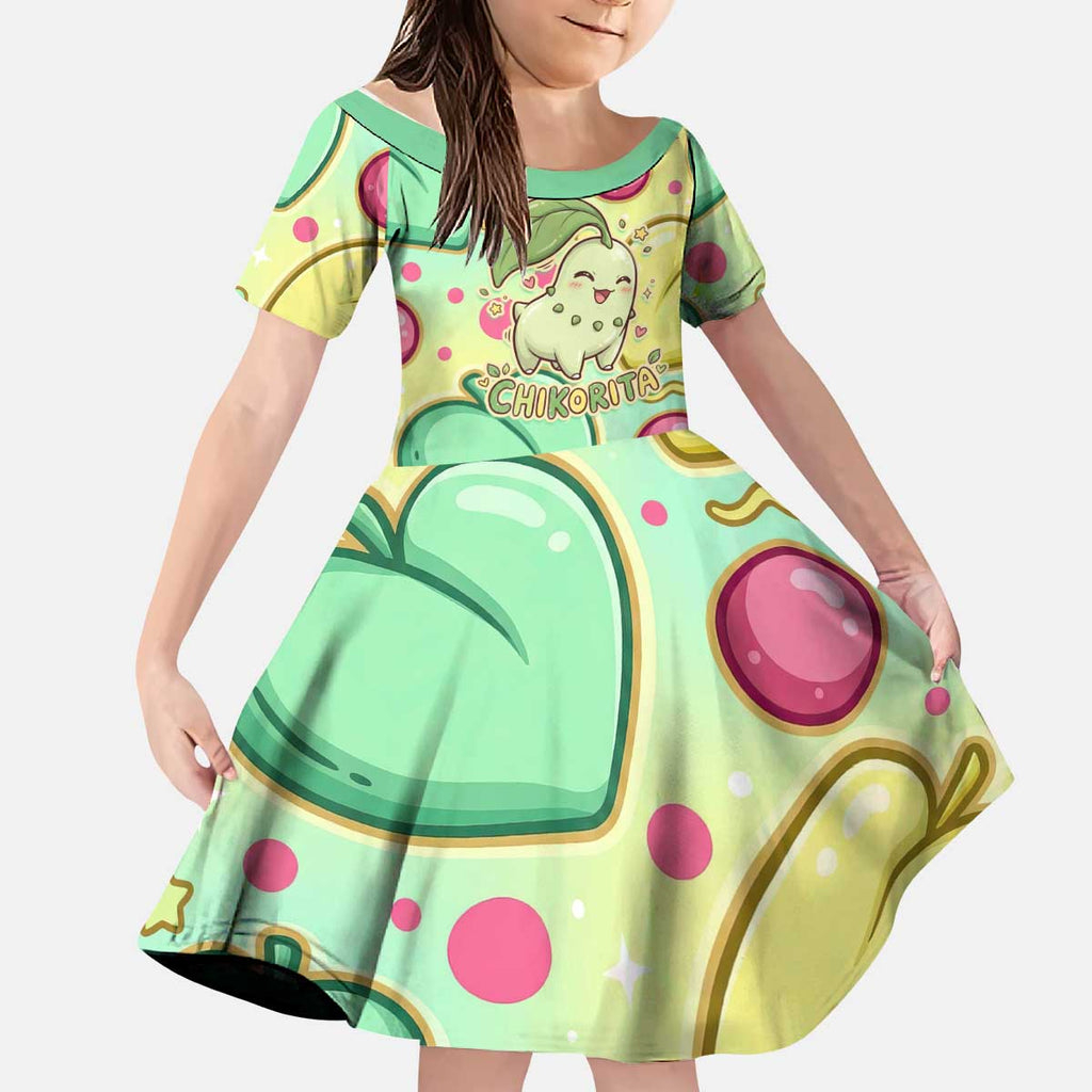 Chikorita Kid Short Sleeve Dress Vibrant Pastel Leaf Pop Art