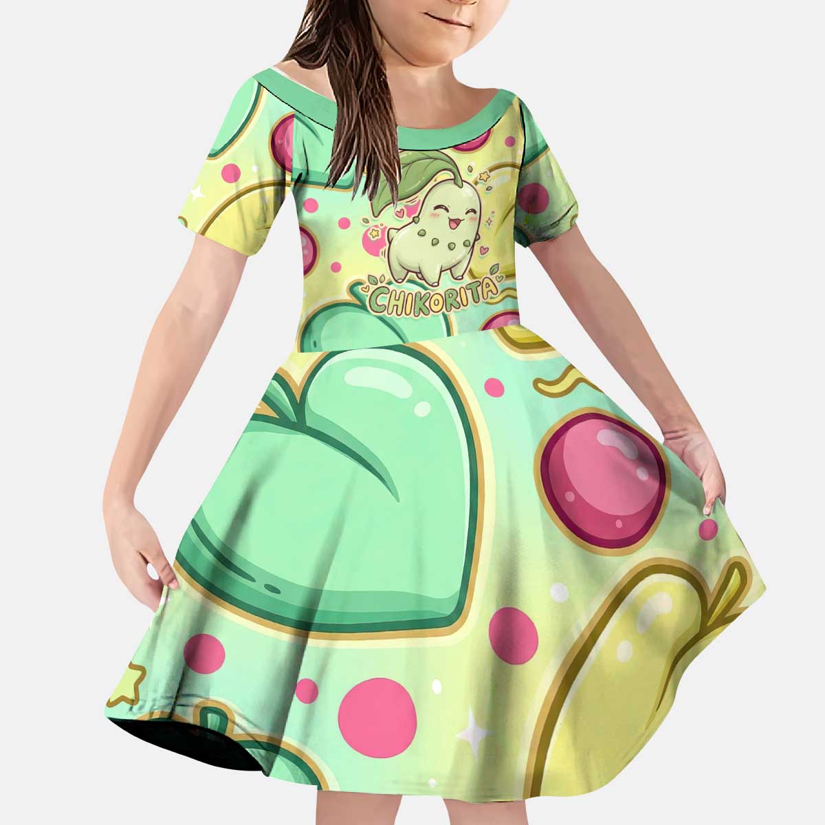 Chikorita Kid Short Sleeve Dress Vibrant Pastel Leaf Pop Art
