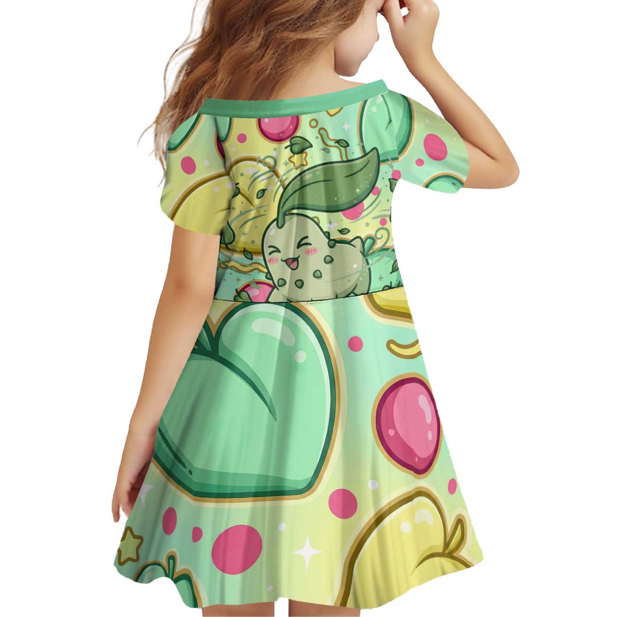 Chikorita Kid Short Sleeve Dress Vibrant Pastel Leaf Pop Art
