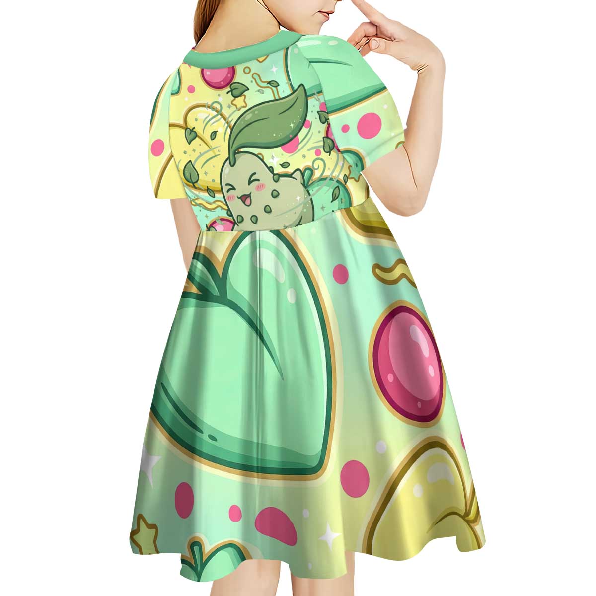 Chikorita Kid Short Sleeve Dress Vibrant Pastel Leaf Pop Art