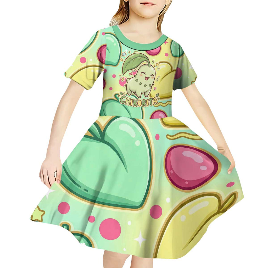 Chikorita Kid Short Sleeve Dress Vibrant Pastel Leaf Pop Art
