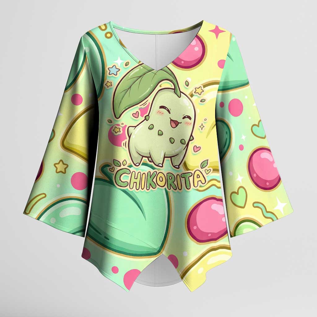 Chikorita Kimono Sleeve Blouse Vibrant Pastel Leaf Pop Art