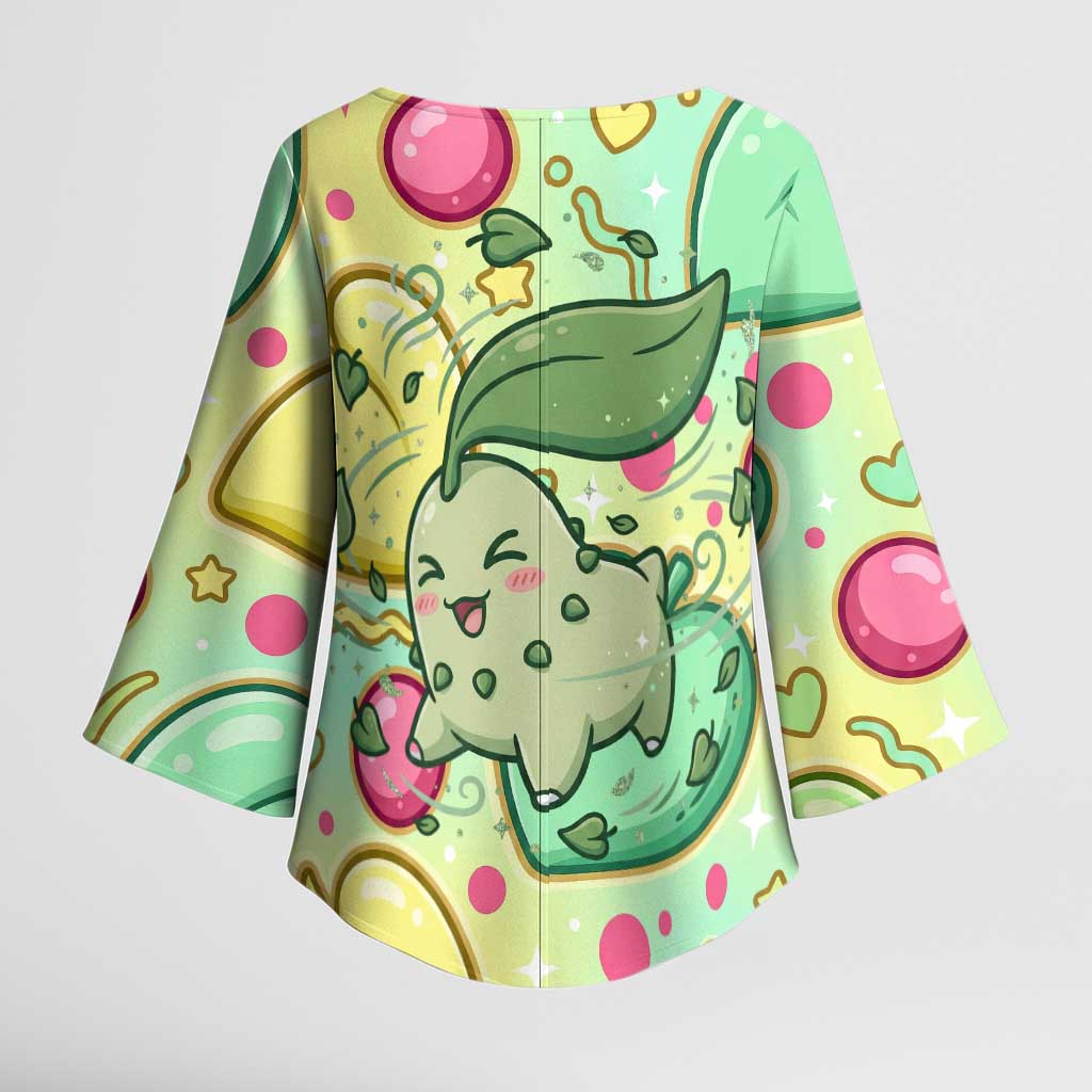 Chikorita Kimono Sleeve Blouse Vibrant Pastel Leaf Pop Art