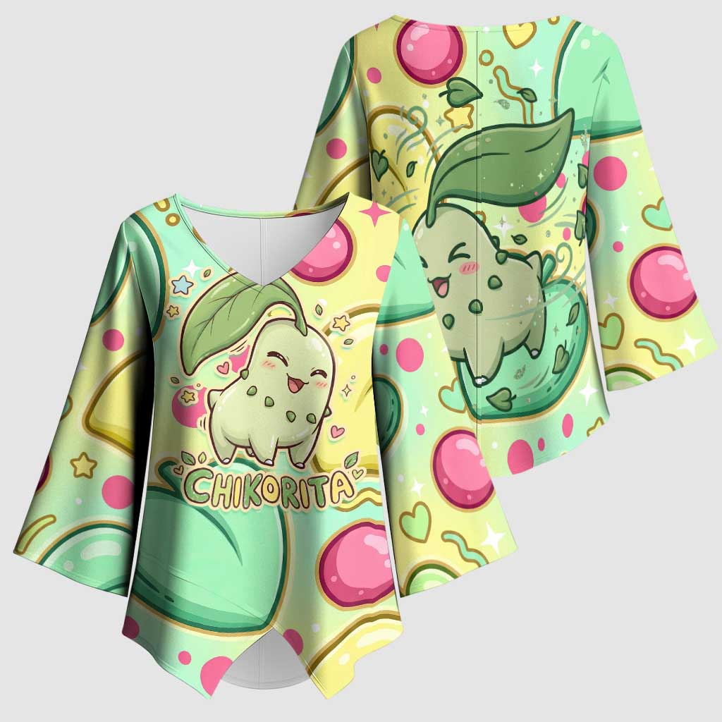 Chikorita Kimono Sleeve Blouse Vibrant Pastel Leaf Pop Art
