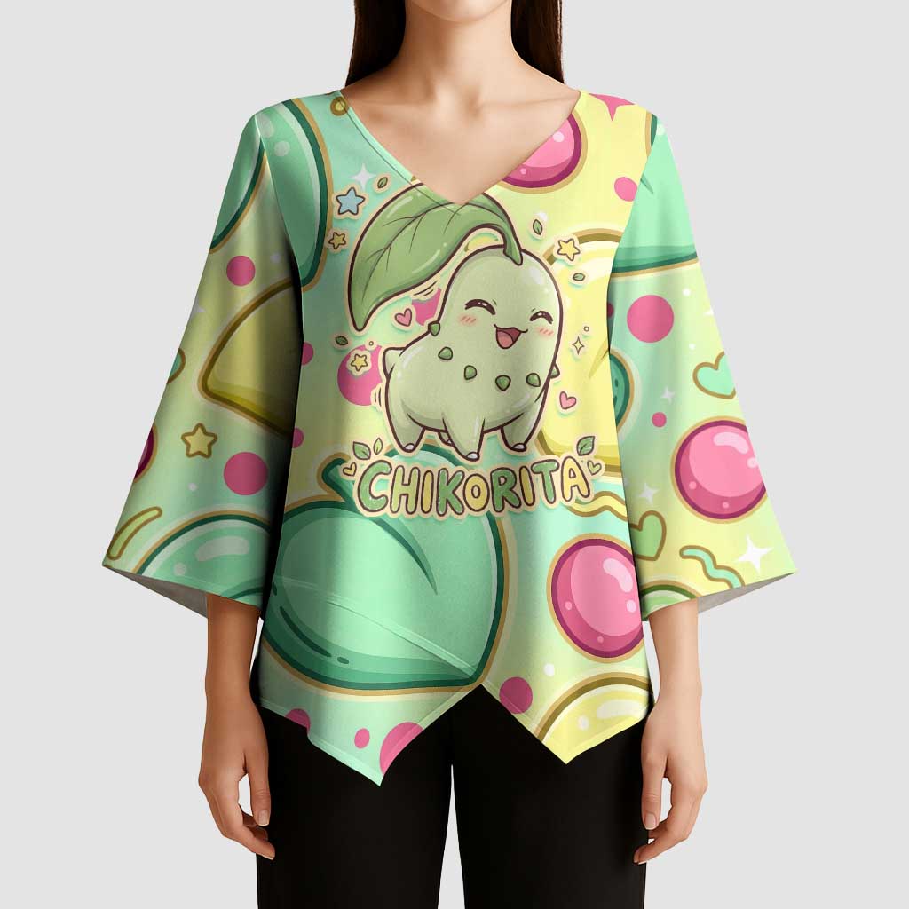 Chikorita Kimono Sleeve Blouse Vibrant Pastel Leaf Pop Art