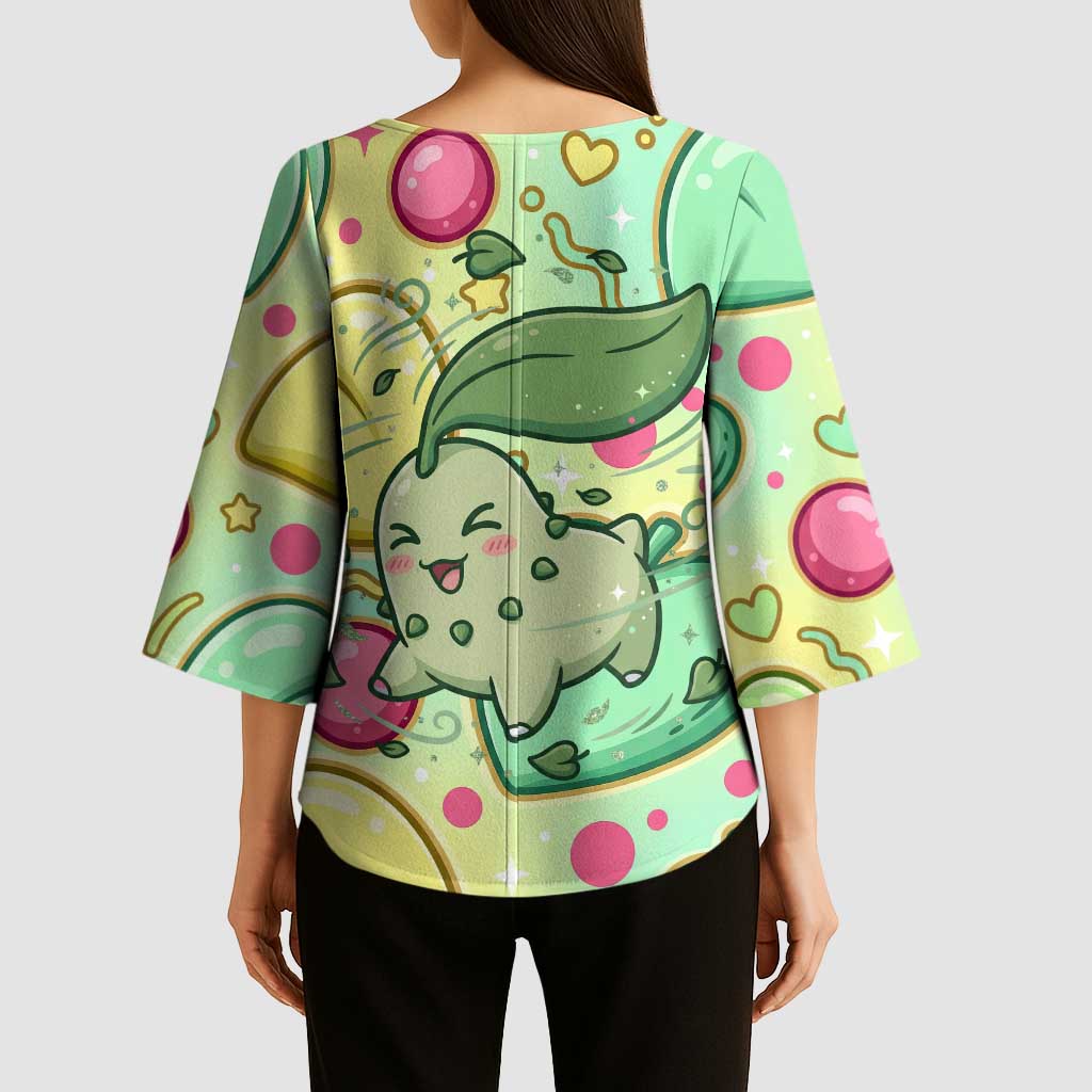 Chikorita Kimono Sleeve Blouse Vibrant Pastel Leaf Pop Art
