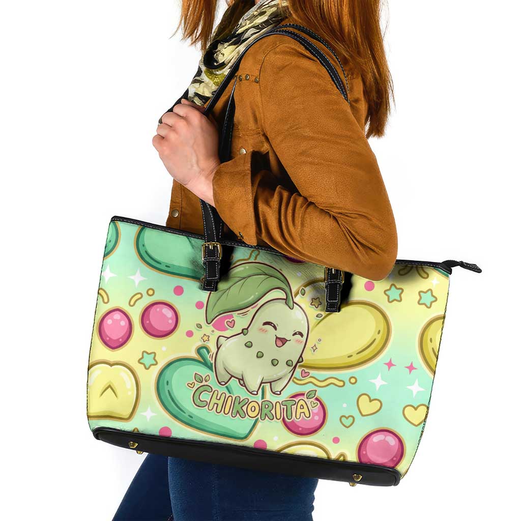 Chikorita Leather Tote Bag Vibrant Pastel Leaf Pop Art