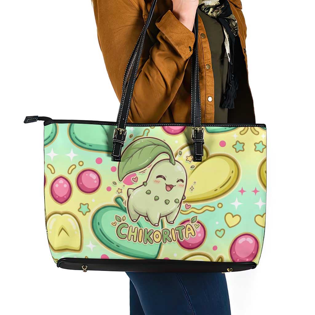 Chikorita Leather Tote Bag Vibrant Pastel Leaf Pop Art