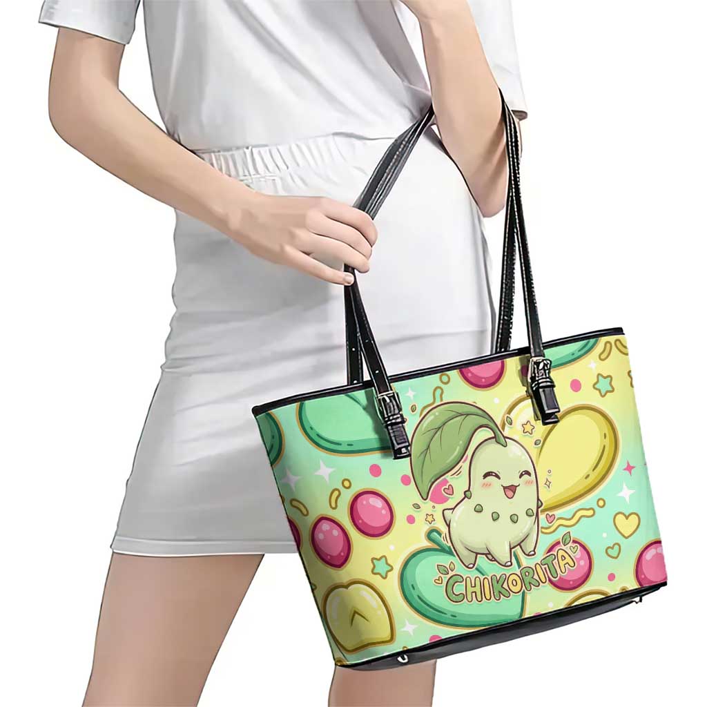 Chikorita Leather Tote Bag Vibrant Pastel Leaf Pop Art