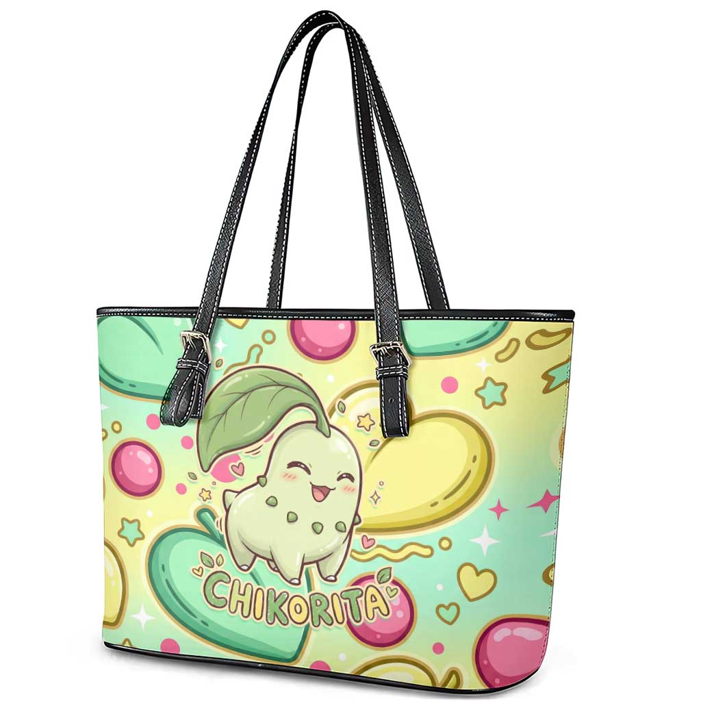 Chikorita Leather Tote Bag Vibrant Pastel Leaf Pop Art