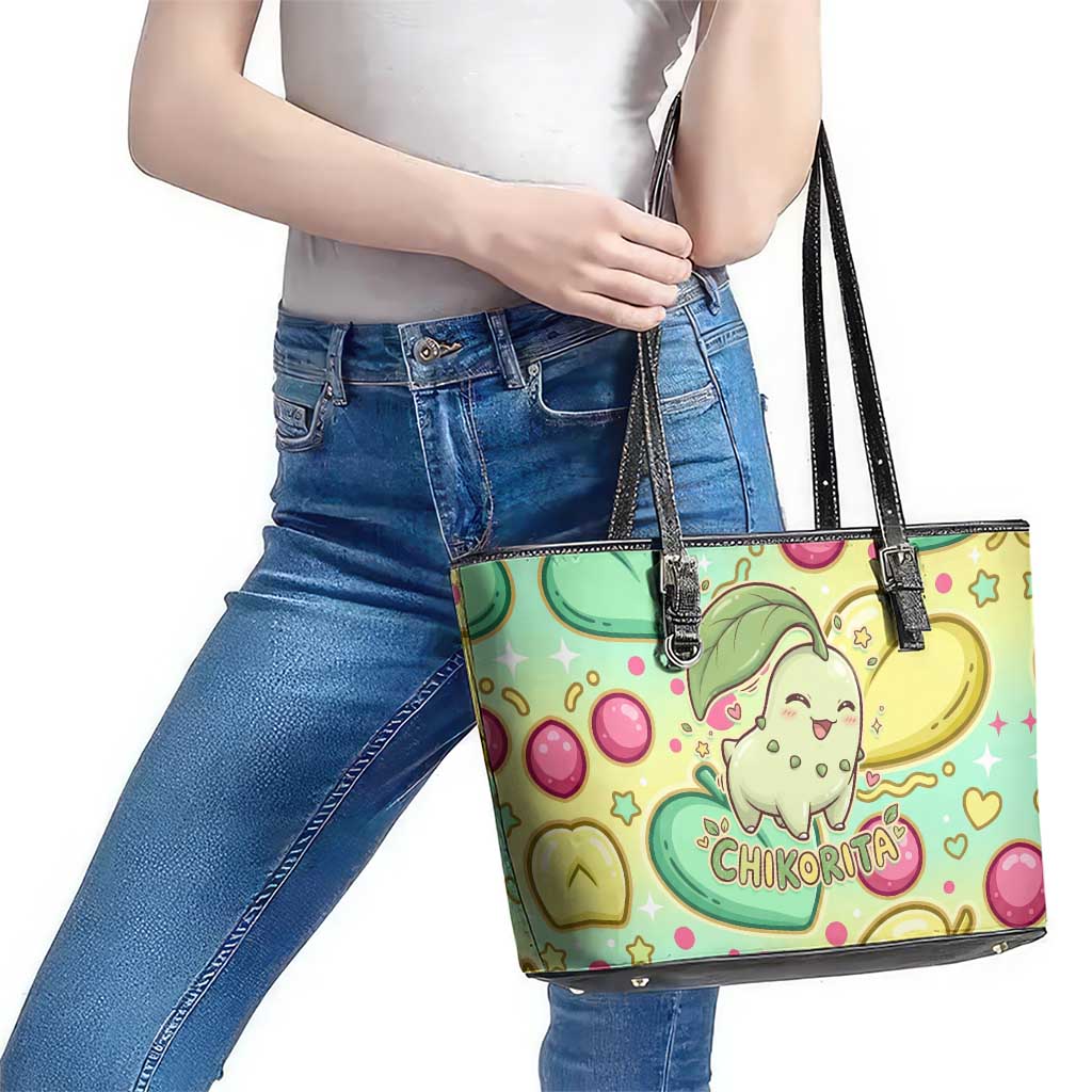 Chikorita Leather Tote Bag Vibrant Pastel Leaf Pop Art